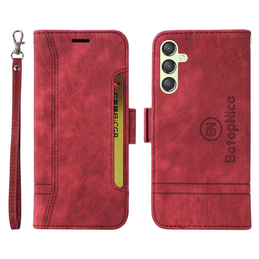BETOPNICE 001 For Samsung Galaxy M14 / F14 5G Imprinted Line Wallet Stand Cover PU Leather Phone Case - Red