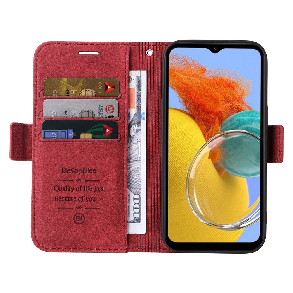 BETOPNICE 001 For Samsung Galaxy M14 / F14 5G Imprinted Line Wallet Stand Cover PU Leather Phone Case - Red