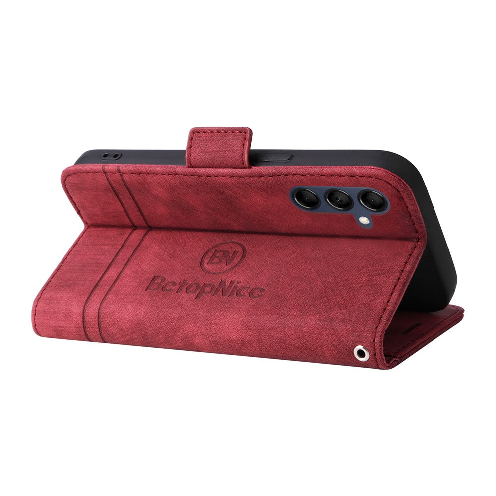 BETOPNICE 001 For Samsung Galaxy M14 / F14 5G Imprinted Line Wallet Stand Cover PU Leather Phone Case - Red