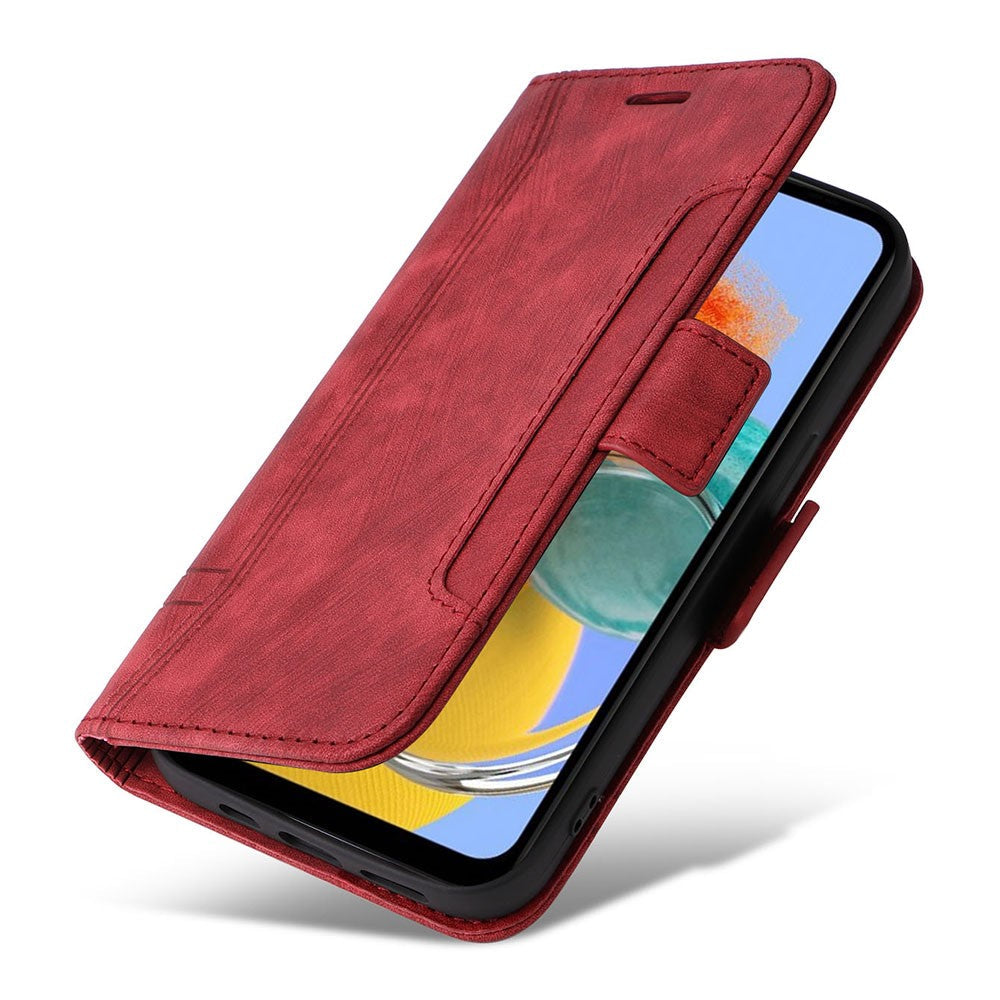 BETOPNICE 001 For Samsung Galaxy M14 / F14 5G Imprinted Line Wallet Stand Cover PU Leather Phone Case - Red