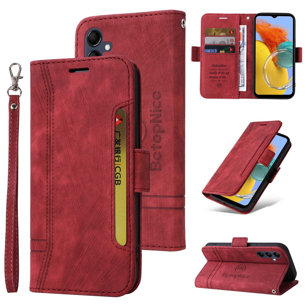 BETOPNICE 001 For Samsung Galaxy M14 / F14 5G Imprinted Line Wallet Stand Cover PU Leather Phone Case - Red