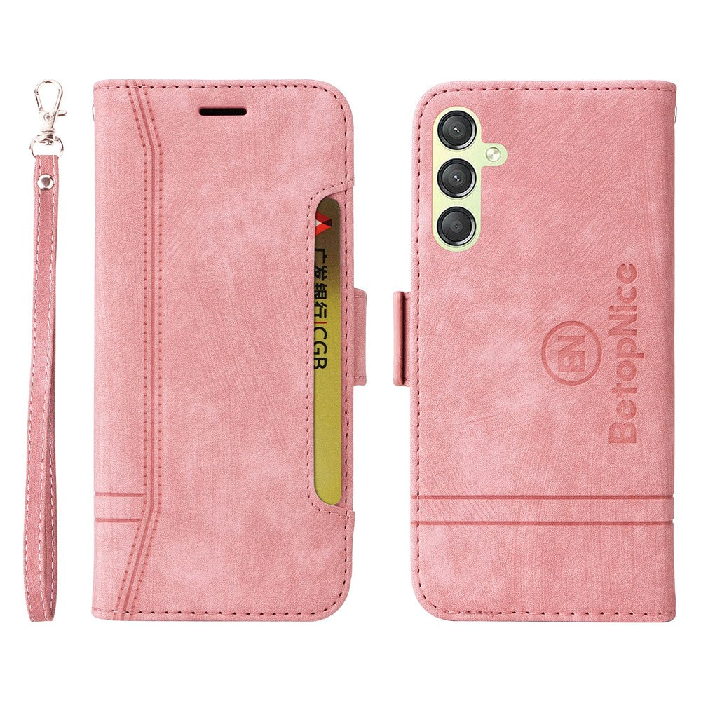 BETOPNICE 001 For Samsung Galaxy M14 / F14 5G Imprinted Line Wallet Stand Cover PU Leather Phone Case - Pink