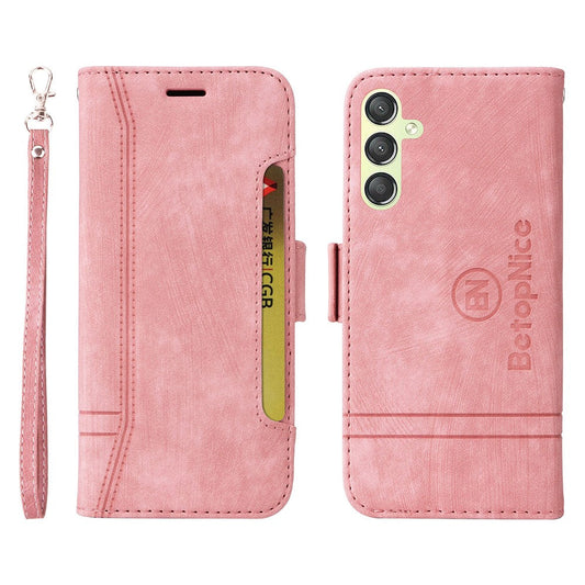 BETOPNICE 001 For Samsung Galaxy M14 / F14 5G Imprinted Line Wallet Stand Cover PU Leather Phone Case - Pink