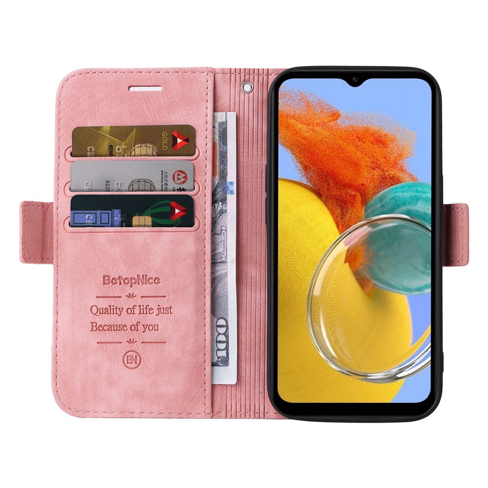 BETOPNICE 001 For Samsung Galaxy M14 / F14 5G Imprinted Line Wallet Stand Cover PU Leather Phone Case - Pink