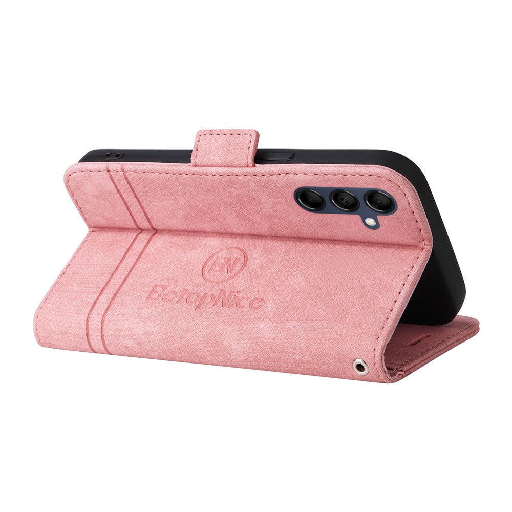 BETOPNICE 001 For Samsung Galaxy M14 / F14 5G Imprinted Line Wallet Stand Cover PU Leather Phone Case - Pink