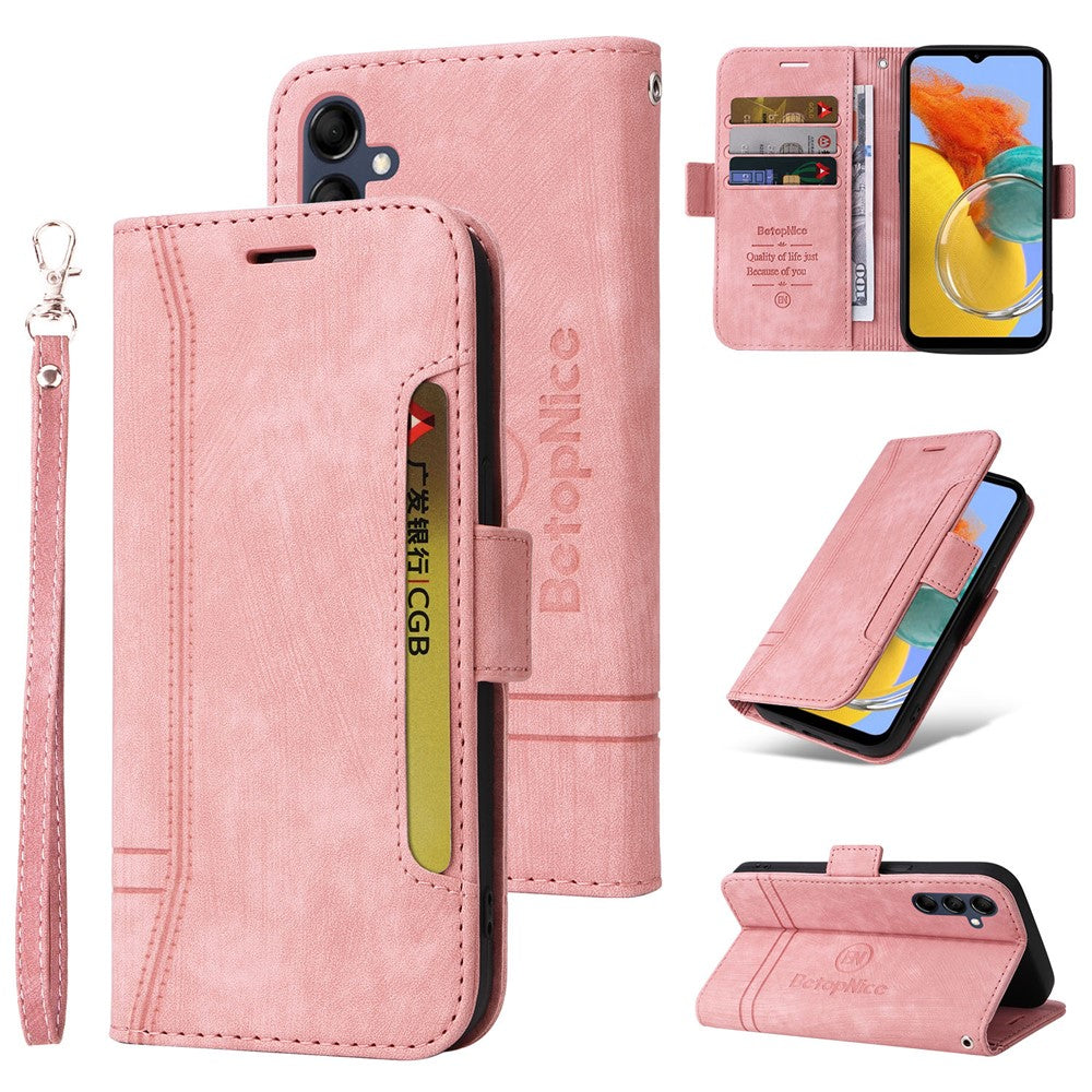 BETOPNICE 001 For Samsung Galaxy M14 / F14 5G Imprinted Line Wallet Stand Cover PU Leather Phone Case - Pink