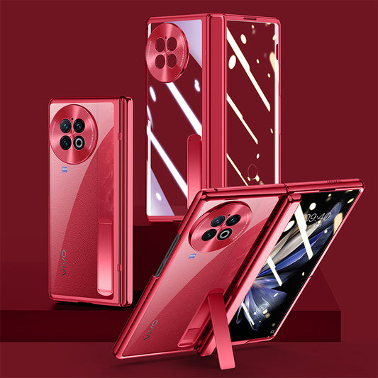 For vivo X Fold2 Hinge Protection PC Phone Case Kickstand Electroplating Clear Cover with Tempered Glass Film - Red