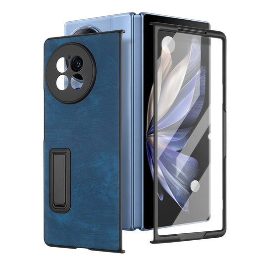 For vivo X Fold2 Kickstand Phone Case Vintage PU Leather+PC Cover with Tempered Glass Film - Blue