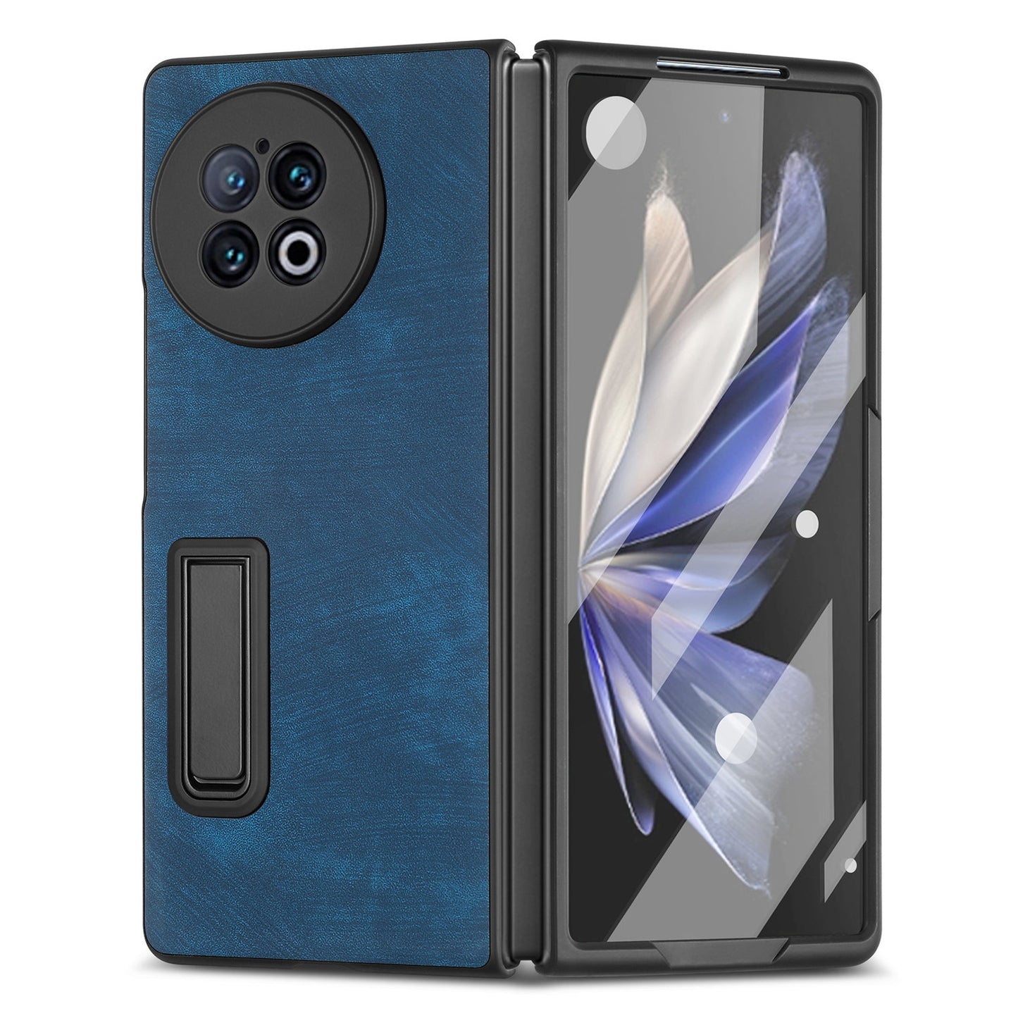 For vivo X Fold2 Kickstand Phone Case Vintage PU Leather+PC Cover with Tempered Glass Film - Blue
