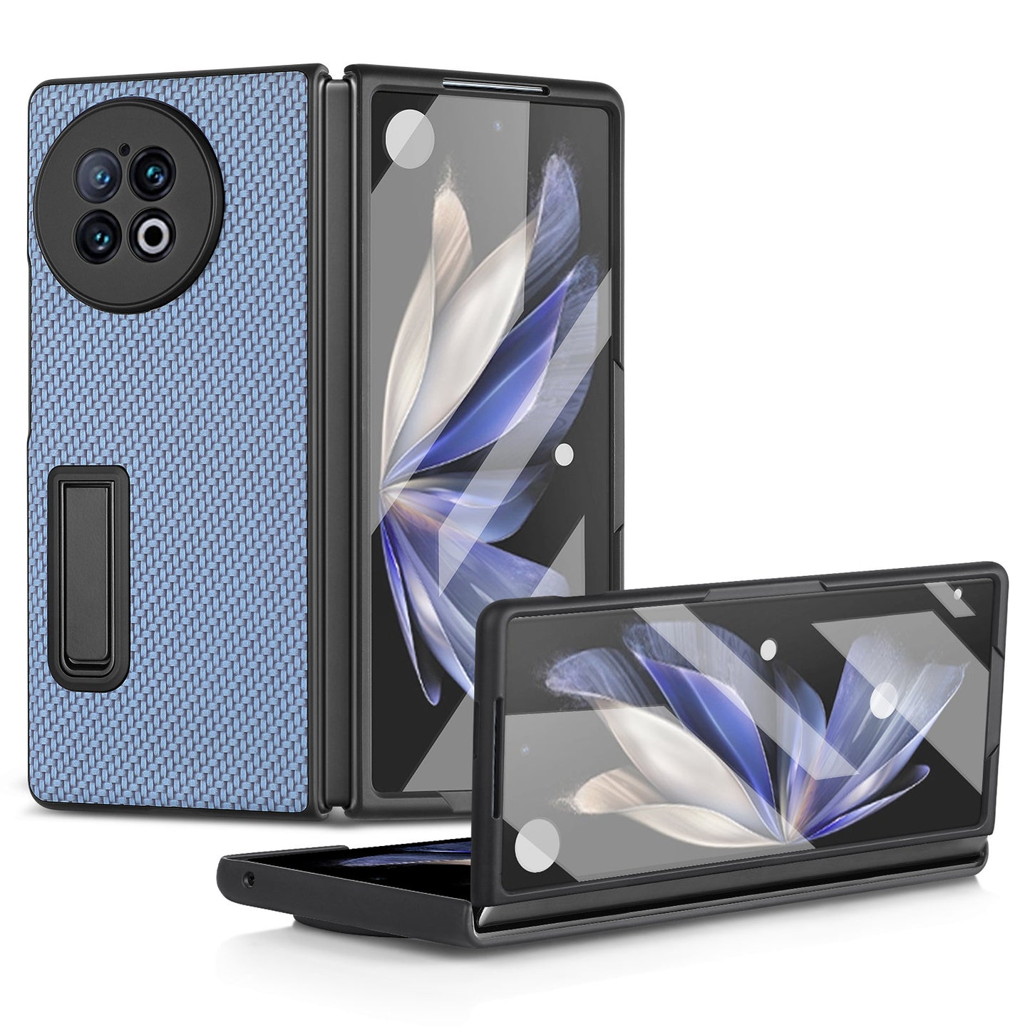 For vivo X Fold2 PU Leather+PC Protective Case Kickstand Carbon Fiber Texture Phone Cover with Tempered Glass Film - Dark Blue