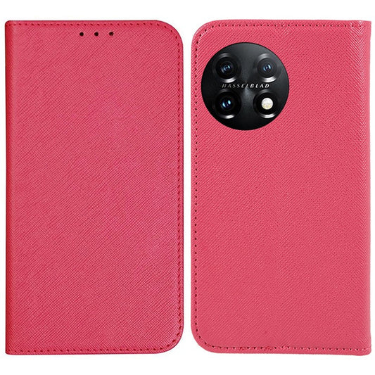 Stand Wallet Shell for OnePlus 11 5G Shockproof Phone Cover Cross Texture PU Leather Case - Pink