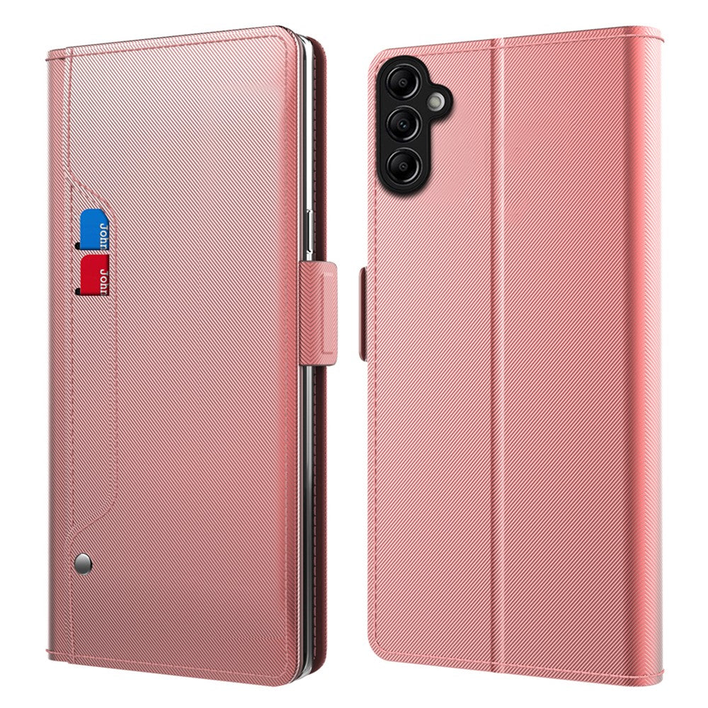For Samsung Galaxy M54 5G / F54 5G Anti-scratch PU Leather Stand Case Mirror Design Card Holder Phone Cover - Rose Gold