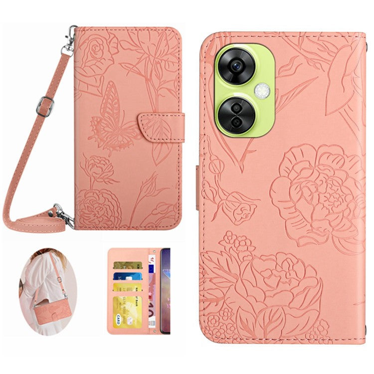 HT03 For OnePlus Nord CE3 5G / Nord CE 3 Lite 5G / Nord N30 5G PU Leather Wallet Case Stand Imprinted Cover with Shoulder Strap - Pink