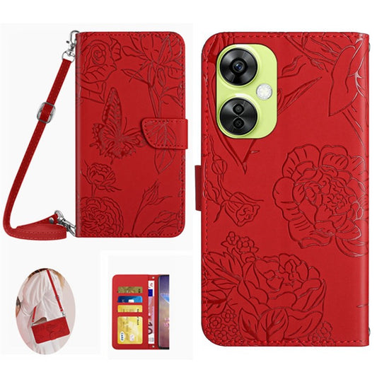 HT03 For OnePlus Nord CE3 5G / Nord CE 3 Lite 5G / Nord N30 5G PU Leather Wallet Case Stand Imprinted Cover with Shoulder Strap - Red