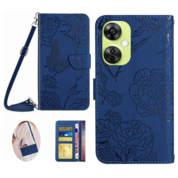 HT03 For OnePlus Nord CE3 5G / Nord CE 3 Lite 5G / Nord N30 5G PU Leather Wallet Case Stand Imprinted Cover with Shoulder Strap - Blue