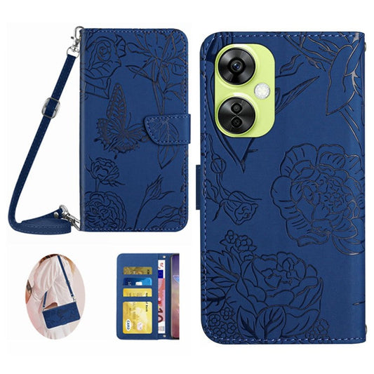 HT03 For OnePlus Nord CE3 5G / Nord CE 3 Lite 5G / Nord N30 5G PU Leather Wallet Case Stand Imprinted Cover with Shoulder Strap - Blue