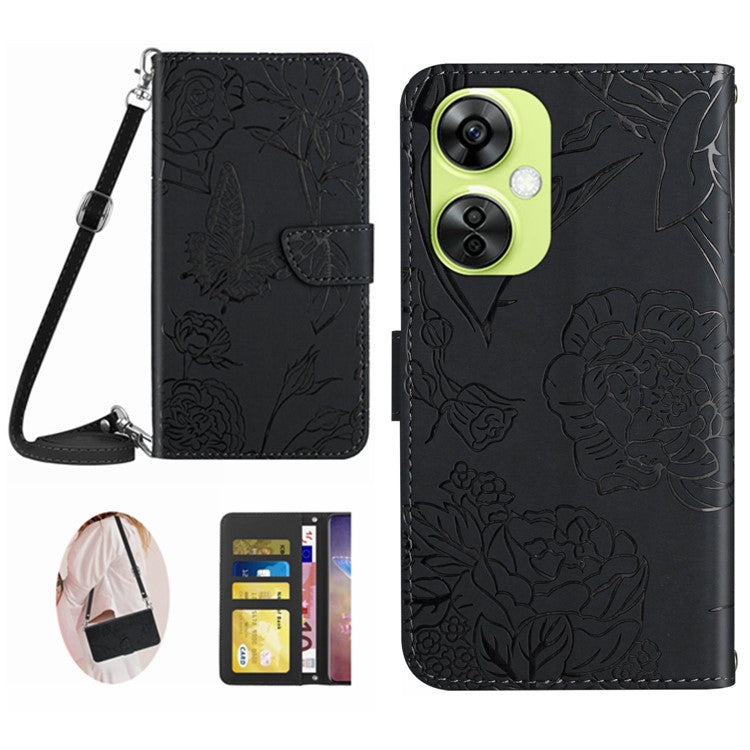 HT03 For OnePlus Nord CE3 5G / Nord CE 3 Lite 5G / Nord N30 5G PU Leather Wallet Case Stand Imprinted Cover with Shoulder Strap - Black