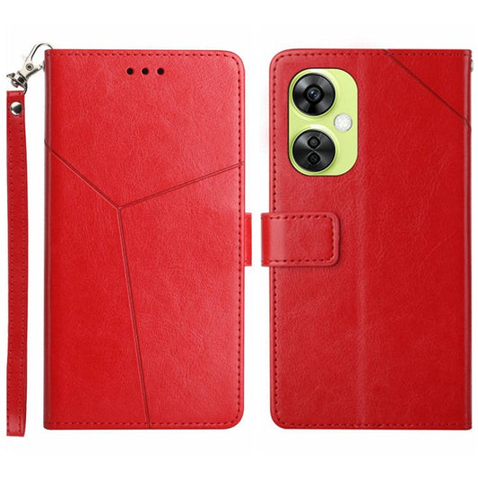 HT01 Phone Case for OnePlus Nord CE3 5G / CE 3 Lite 5G / Nord N30 5G , Y-shaped Line Imprinting PU Leather Wallet Stand Anti-drop Cover - Red