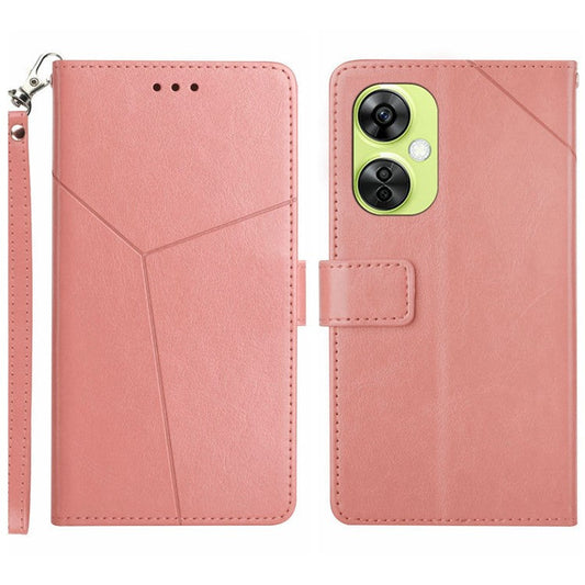 HT01 Phone Case for OnePlus Nord CE3 5G / CE 3 Lite 5G / Nord N30 5G , Y-shaped Line Imprinting PU Leather Wallet Stand Anti-drop Cover - Pink