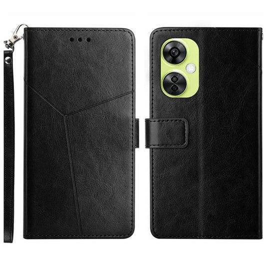 HT01 Phone Case for OnePlus Nord CE3 5G / CE 3 Lite 5G / Nord N30 5G , Y-shaped Line Imprinting PU Leather Wallet Stand Anti-drop Cover - Black