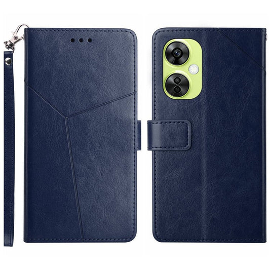 HT01 Phone Case for OnePlus Nord CE3 5G / CE 3 Lite 5G / Nord N30 5G , Y-shaped Line Imprinting PU Leather Wallet Stand Anti-drop Cover - Blue