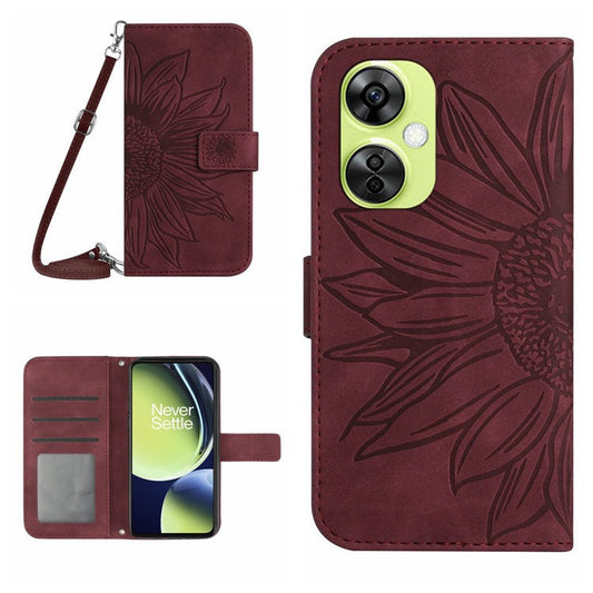 HT04 For OnePlus Nord CE3 5G / Nord CE 3 Lite 5G / Nord N30 5G PU Leather Case Wallet Stand Imprinted Phone Cover with Shoulder Strap - Wine Red
