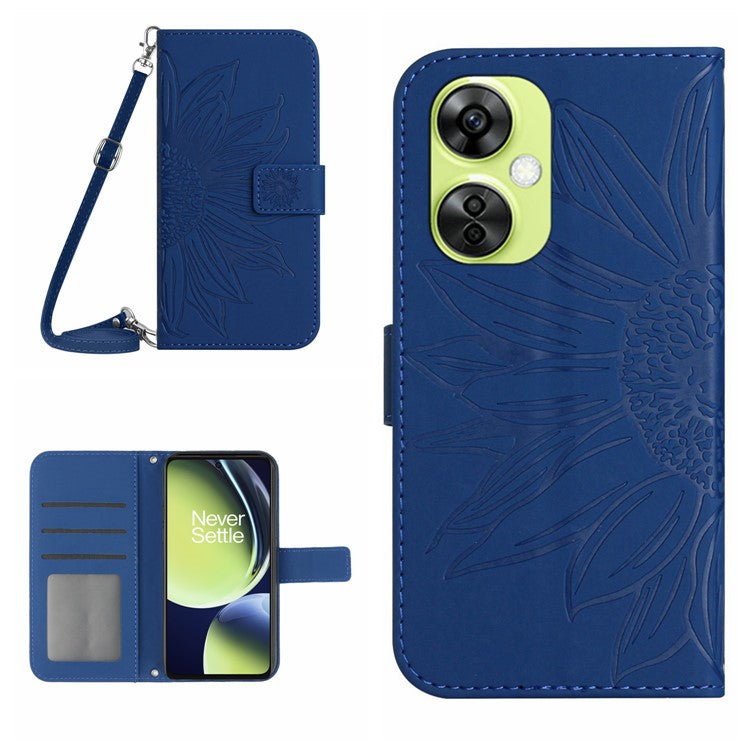 HT04 For OnePlus Nord CE3 5G / Nord CE 3 Lite 5G / Nord N30 5G PU Leather Case Wallet Stand Imprinted Phone Cover with Shoulder Strap - Sapphire