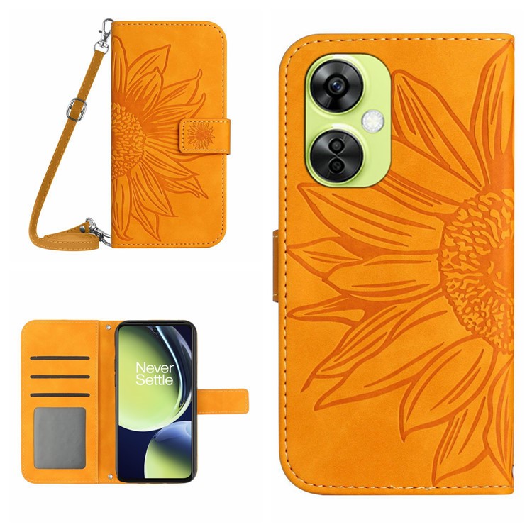 HT04 For OnePlus Nord CE3 5G / Nord CE 3 Lite 5G / Nord N30 5G PU Leather Case Wallet Stand Imprinted Phone Cover with Shoulder Strap - Yellow