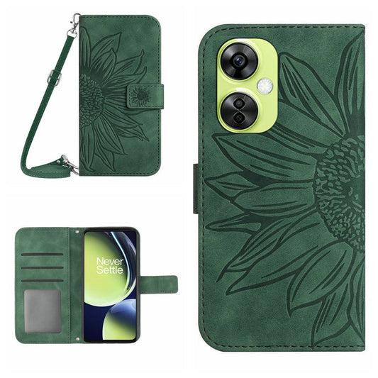 HT04 For OnePlus Nord CE3 5G / Nord CE 3 Lite 5G / Nord N30 5G PU Leather Case Wallet Stand Imprinted Phone Cover with Shoulder Strap - Dark Green