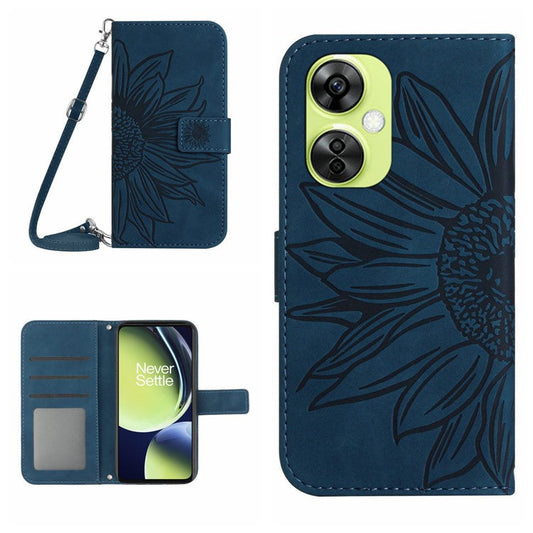 HT04 For OnePlus Nord CE3 5G / Nord CE 3 Lite 5G / Nord N30 5G PU Leather Case Wallet Stand Imprinted Phone Cover with Shoulder Strap - Dark Blue