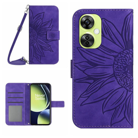 HT04 For OnePlus Nord CE3 5G / Nord CE 3 Lite 5G / Nord N30 5G PU Leather Case Wallet Stand Imprinted Phone Cover with Shoulder Strap - Dark Purple