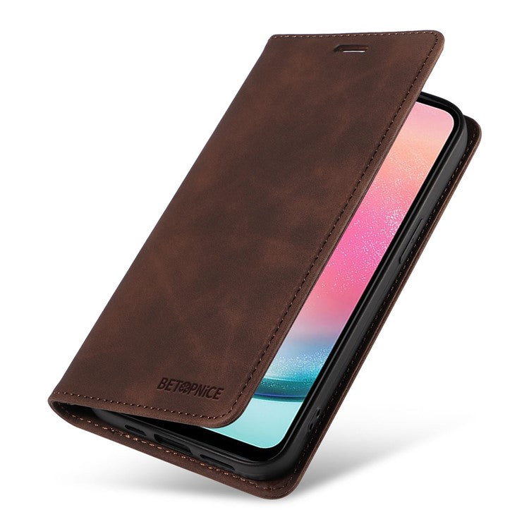 BETOPNICE 003 For Samsung Galaxy A24 4G (162.1 x 77.6 x 8.3mm) RFID Blocking PU Leather Stand Cover Shockproof Wallet Cell Phone Case - Brown
