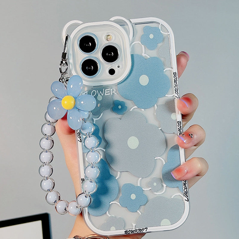 TPU Phone Case for iPhone 15 Plus , Bear Ear Decor Cell Phone Shell Flower Pattern Cover with Bead Strap