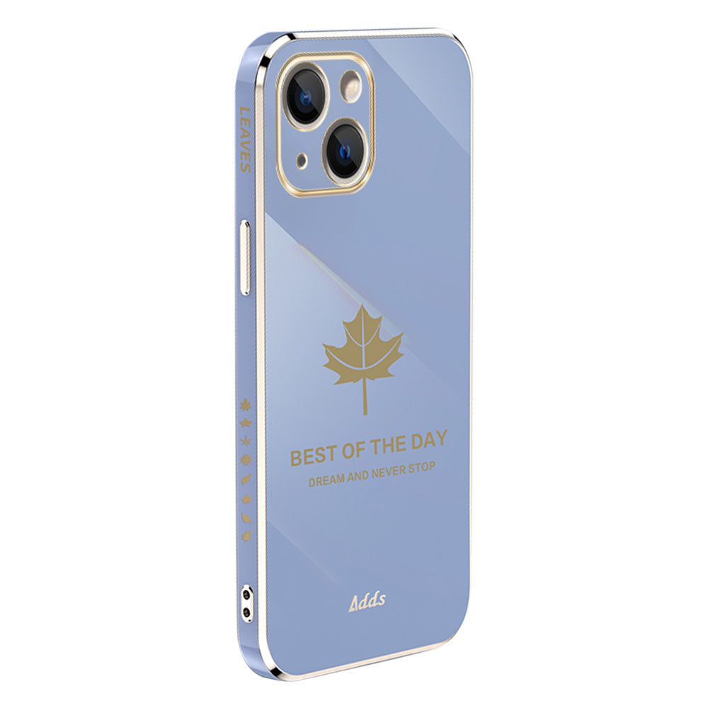 6D Electroplating Cover for iPhone 14 Maple Leaf Pattern Straight Edge TPU Phone Cover - Grey Blue