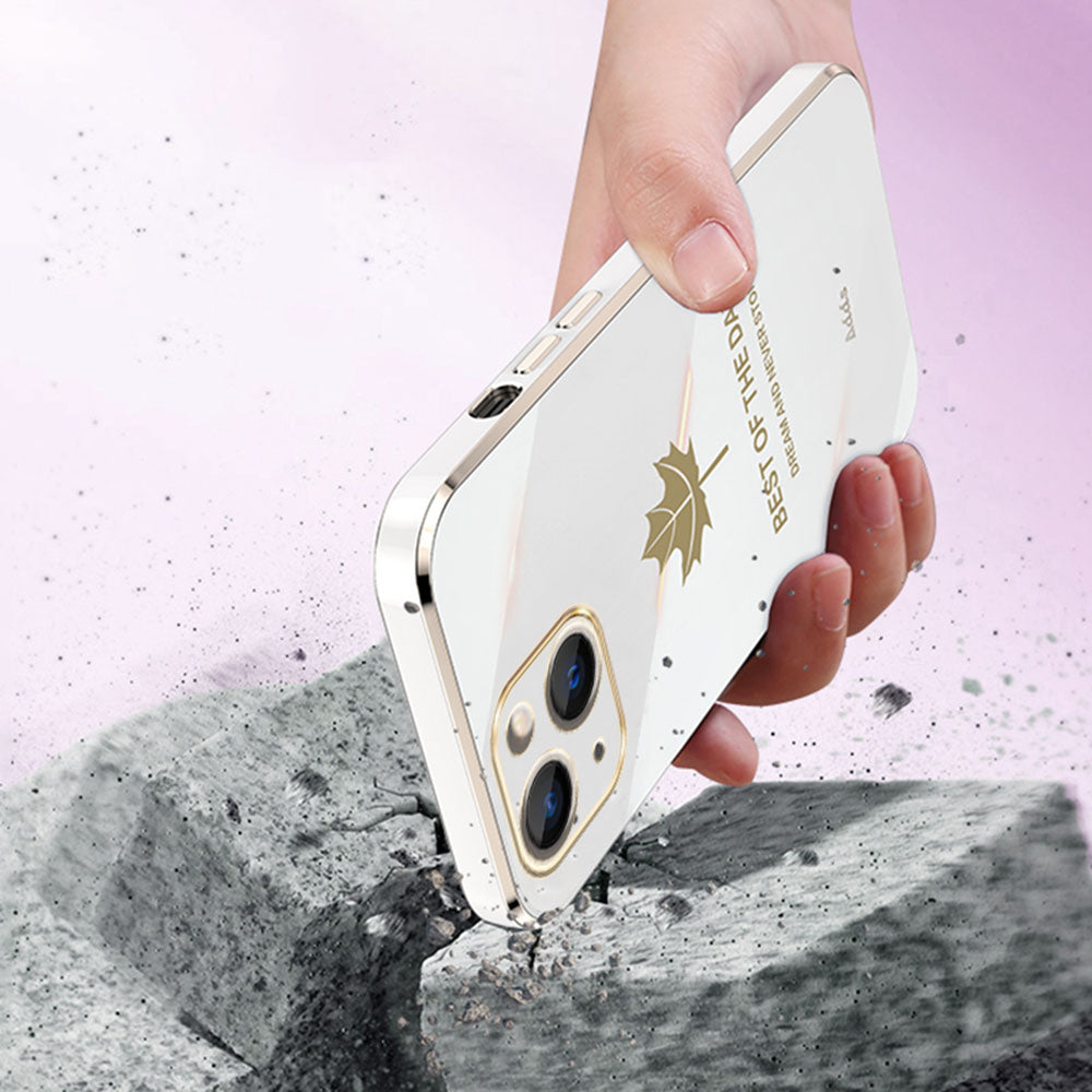6D Electroplating Cover for iPhone 14 Maple Leaf Pattern Straight Edge TPU Phone Cover - Grey Blue