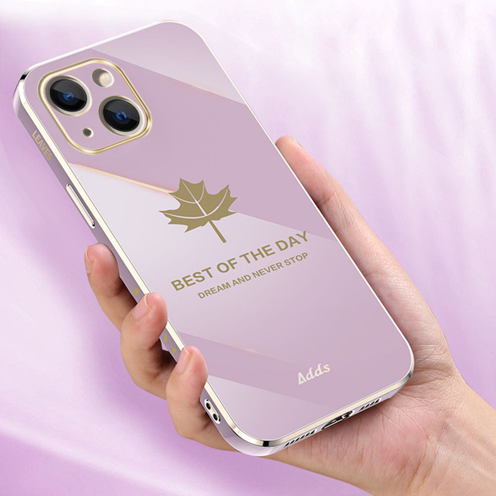 6D Electroplating Cover for iPhone 14 Maple Leaf Pattern Straight Edge TPU Phone Cover - Grey Blue