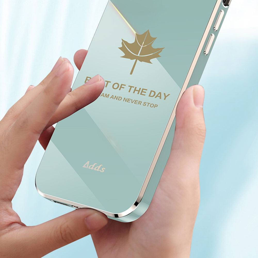 6D Electroplating Cover for iPhone 14 Maple Leaf Pattern Straight Edge TPU Phone Cover - Grey Blue