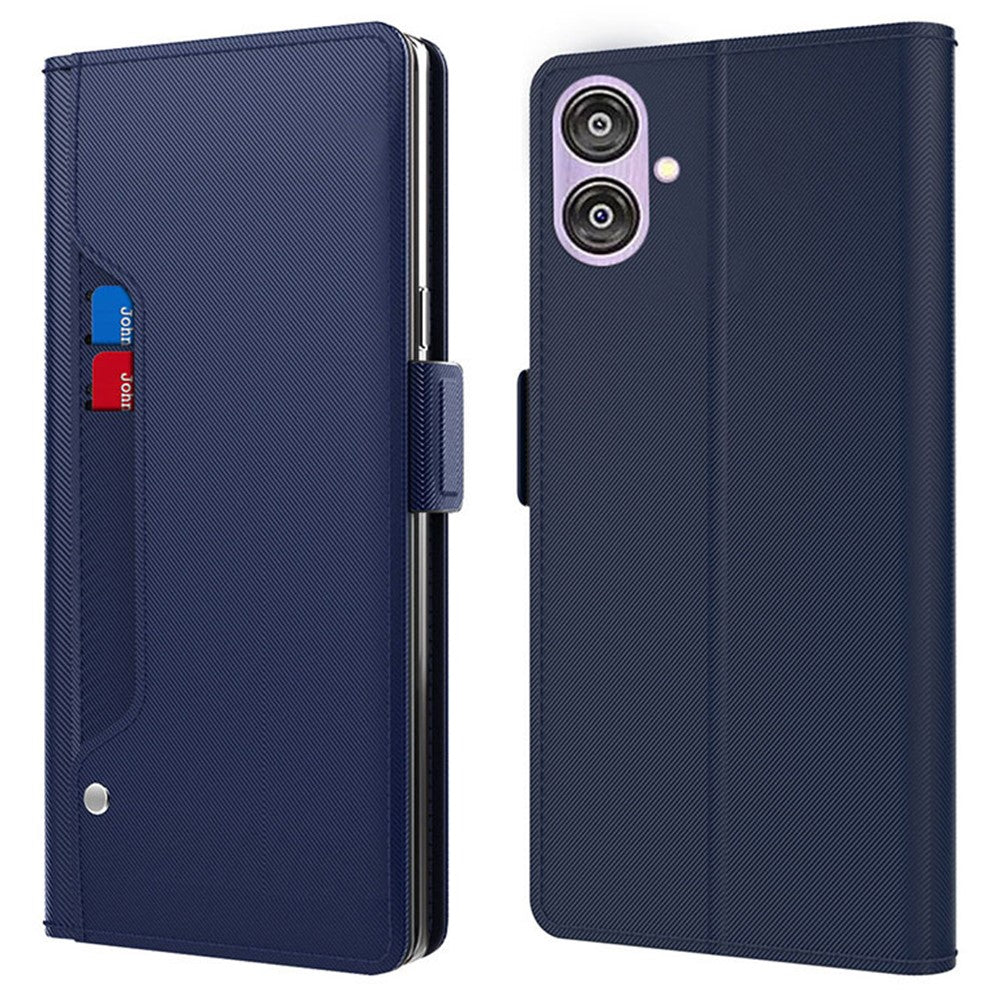 For Samsung Galaxy A04e 4G / F04 4G / M04 4G PU Leather Stand Case Mirror Phone Cover with Card Holder - Blue
