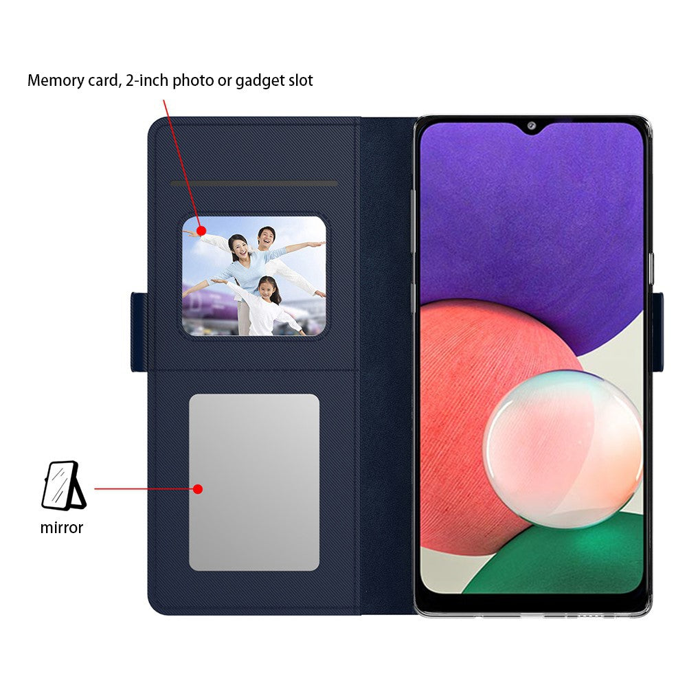 For Samsung Galaxy A04e 4G / F04 4G / M04 4G PU Leather Stand Case Mirror Phone Cover with Card Holder - Blue