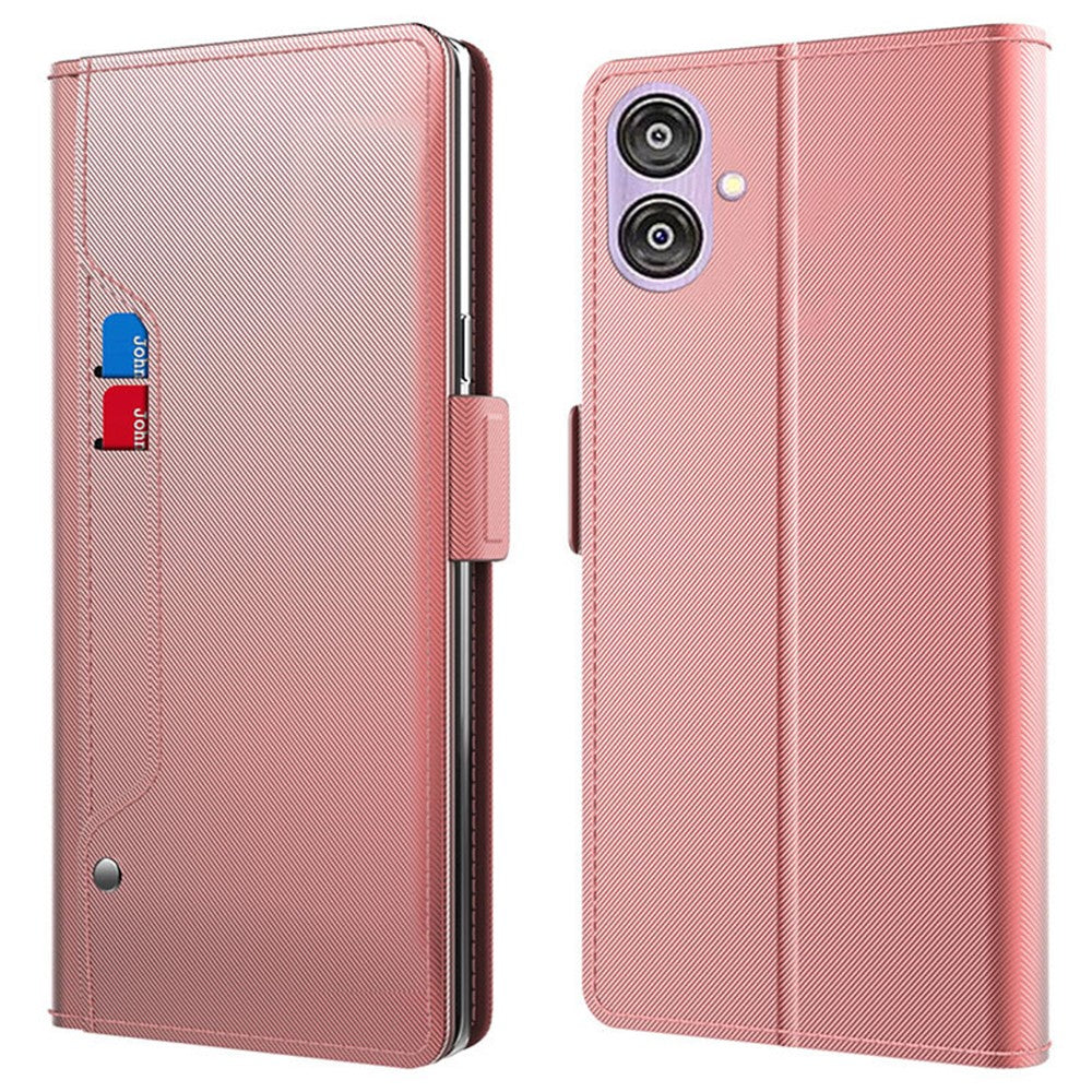 For Samsung Galaxy A04e 4G / F04 4G / M04 4G PU Leather Stand Case Mirror Phone Cover with Card Holder - Rose Gold