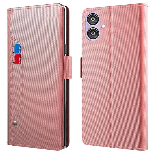 For Samsung Galaxy A04e 4G / F04 4G / M04 4G PU Leather Stand Case Mirror Phone Cover with Card Holder - Rose Gold