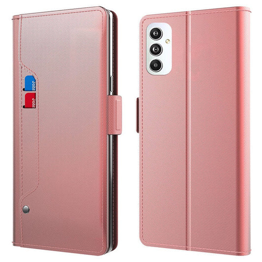 For Samsung Galaxy F54 5G / M54 5G Mobile Phone Case Mirror Card Holder PU Leather Shell Stand Cover - Rose Gold