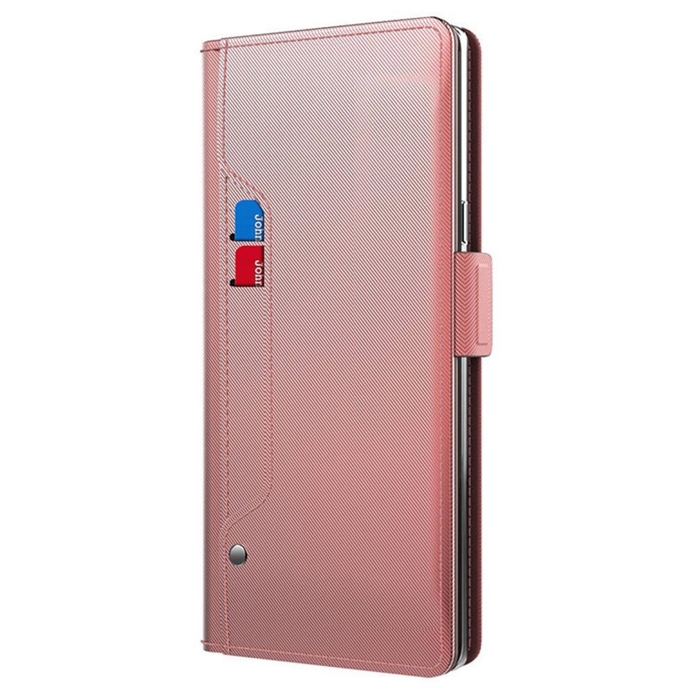For Samsung Galaxy F54 5G / M54 5G Mobile Phone Case Mirror Card Holder PU Leather Shell Stand Cover - Rose Gold