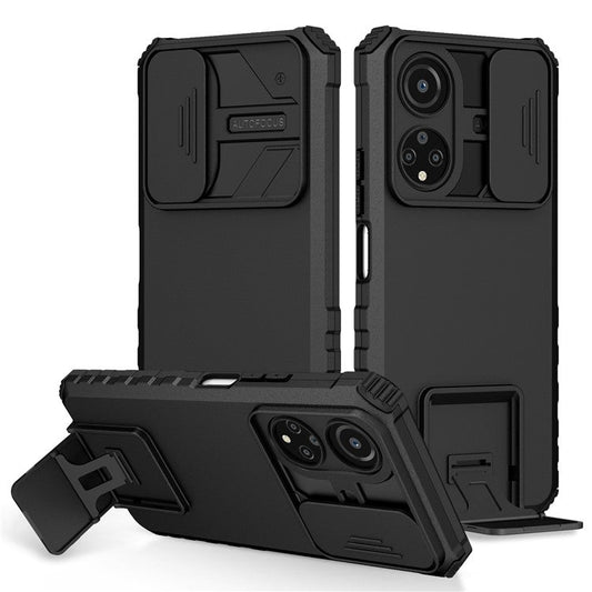 For Honor X7 Slide Camera Lid PC+TPU Cover Anti-drop Kickstand Phone Case - Black