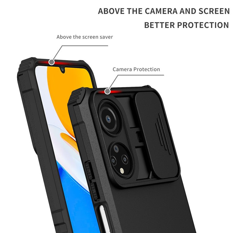 For Honor X7 Slide Camera Lid PC+TPU Cover Anti-drop Kickstand Phone Case - Black