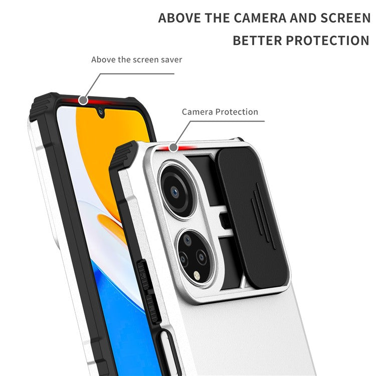 For Honor X7 Slide Camera Lid PC+TPU Cover Anti-drop Kickstand Phone Case - White