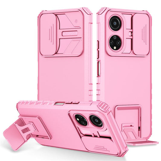 For Honor X7 Slide Camera Lid PC+TPU Cover Anti-drop Kickstand Phone Case - Pink