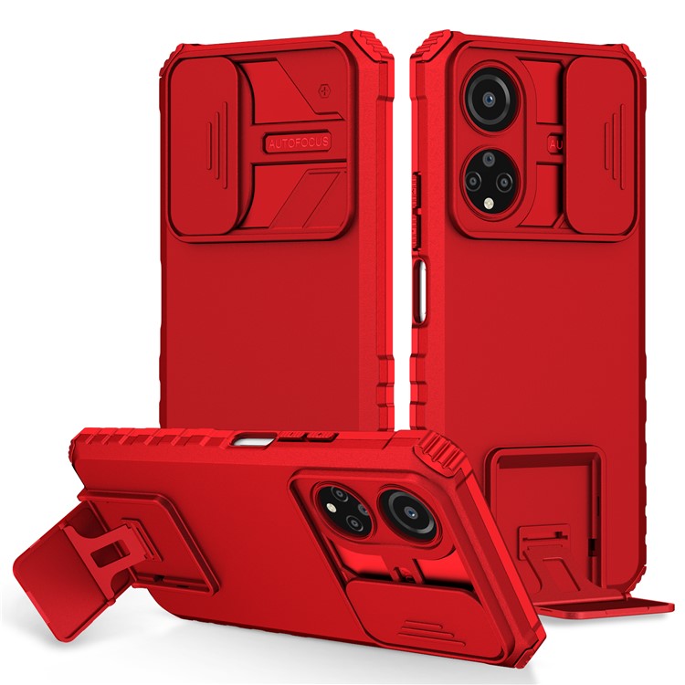 For Honor X7 Slide Camera Lid PC+TPU Cover Anti-drop Kickstand Phone Case - Red