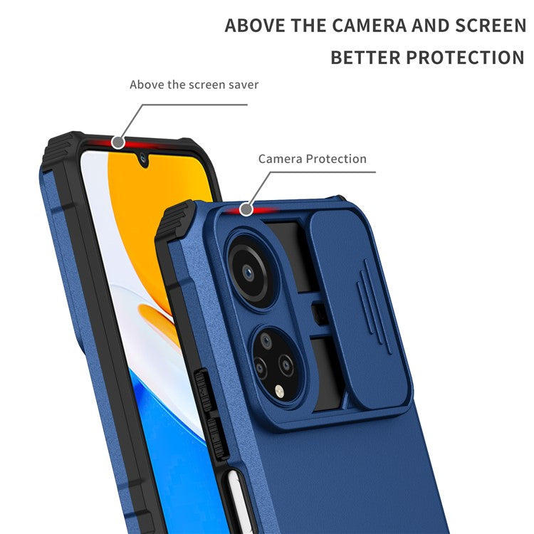 For Honor X7 Slide Camera Lid PC+TPU Cover Anti-drop Kickstand Phone Case - Blue