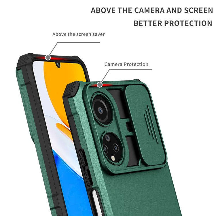 For Honor X7 Slide Camera Lid PC+TPU Cover Anti-drop Kickstand Phone Case - Blackish Green